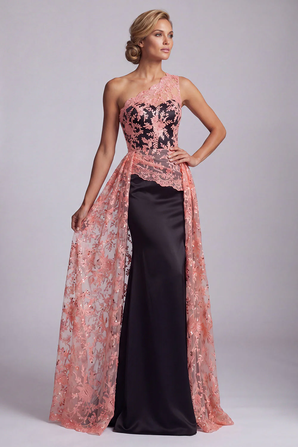 One Shoulder Black Lace Mermaid Long Mother Of the Bride Dress with Cape - Image 3