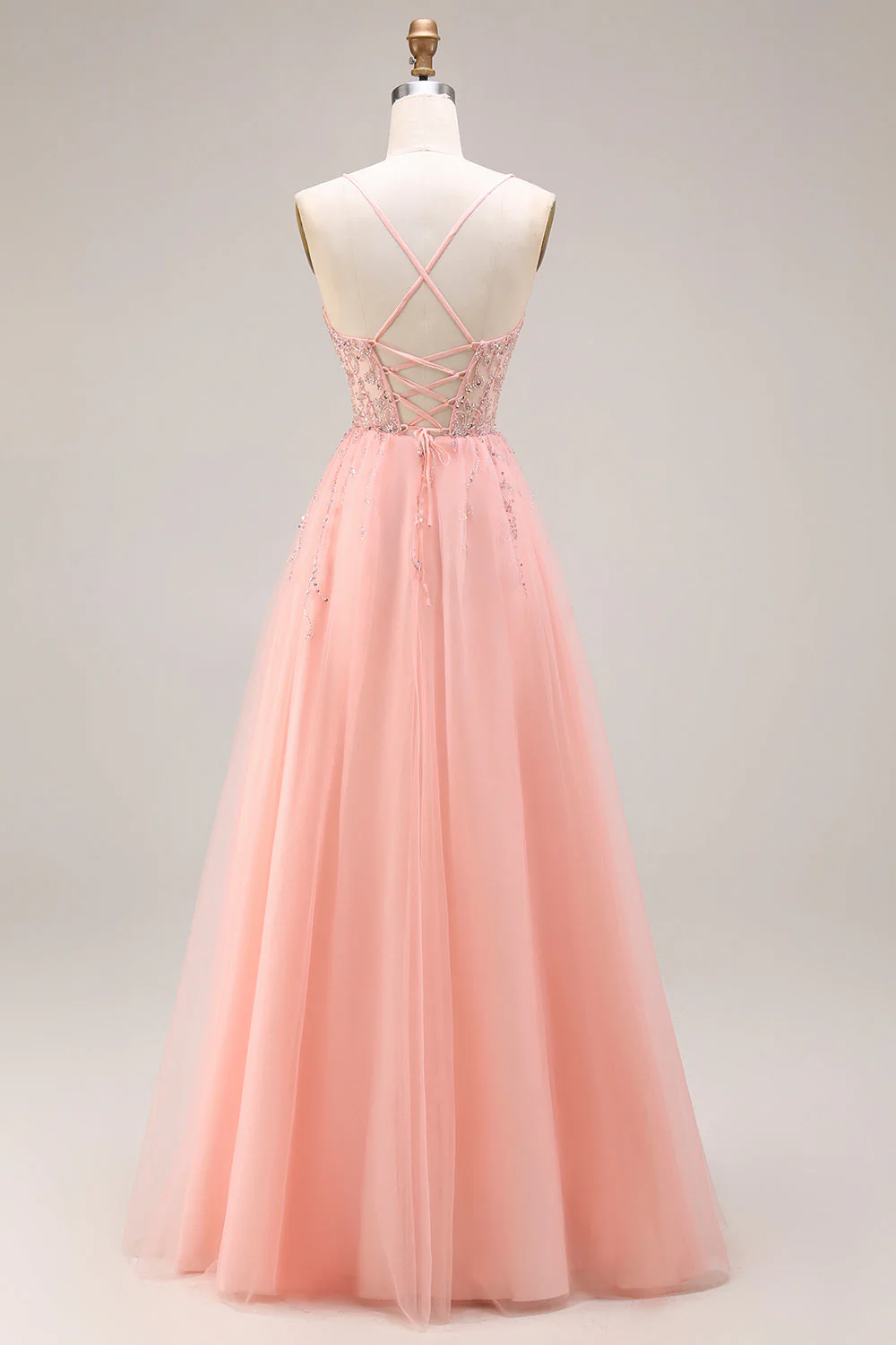 Watermelon Appliqued Corset Spaghetti Straps A Line Long Tulle Prom Dress - Image 2