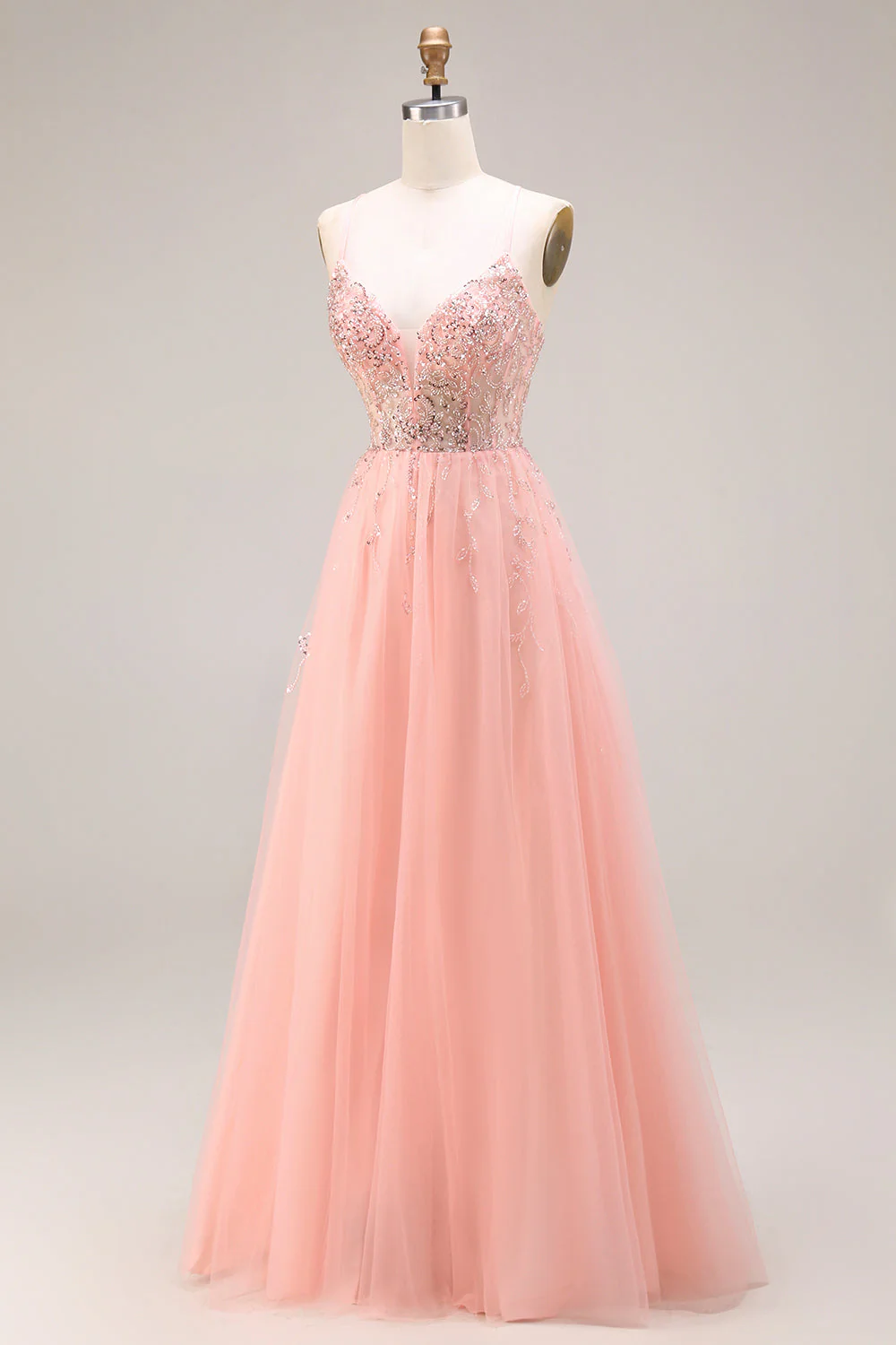 Watermelon Appliqued Corset Spaghetti Straps A Line Long Tulle Prom Dress - Image 3