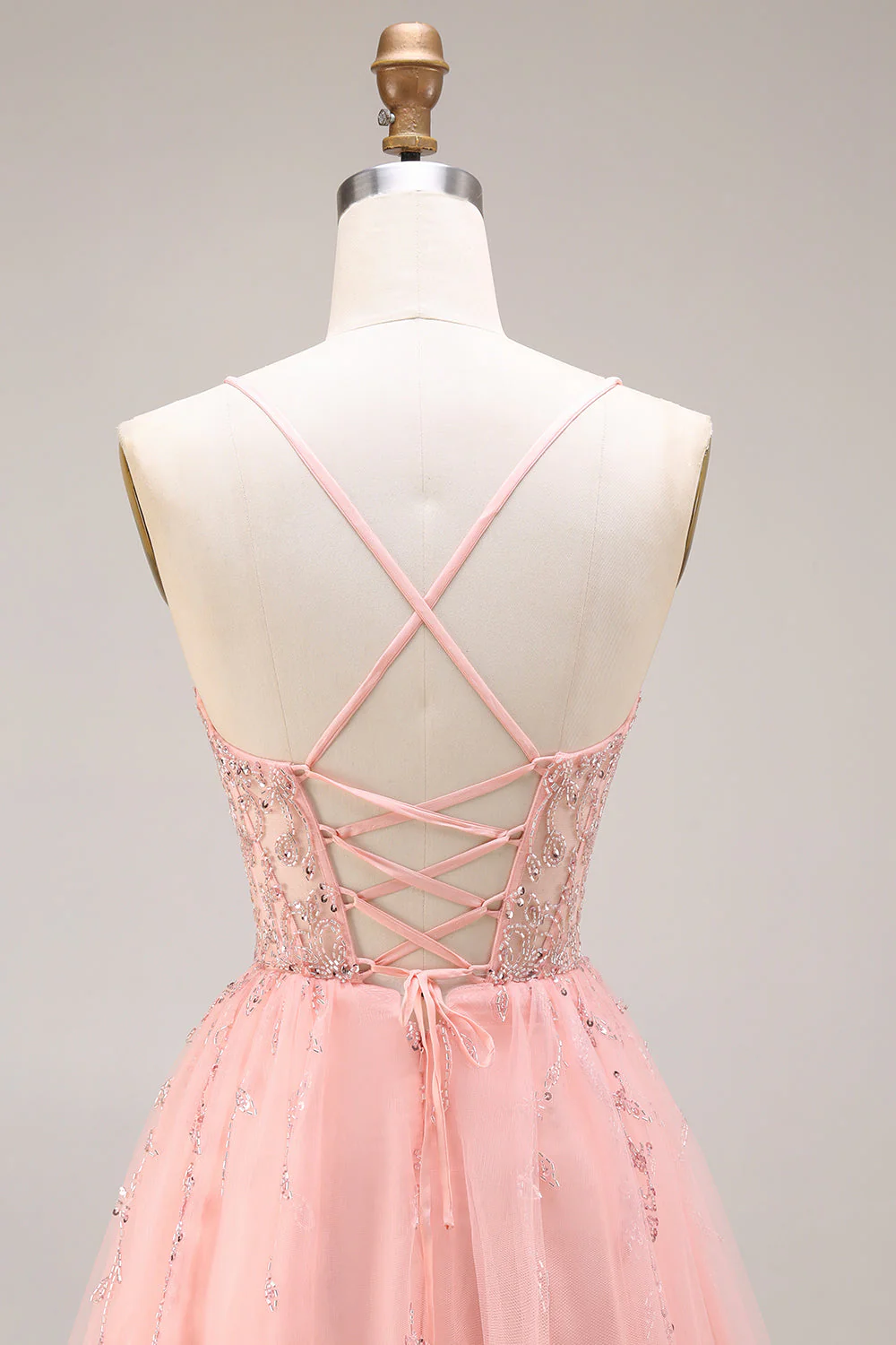 Watermelon Appliqued Corset Spaghetti Straps A Line Long Tulle Prom Dress - Image 5