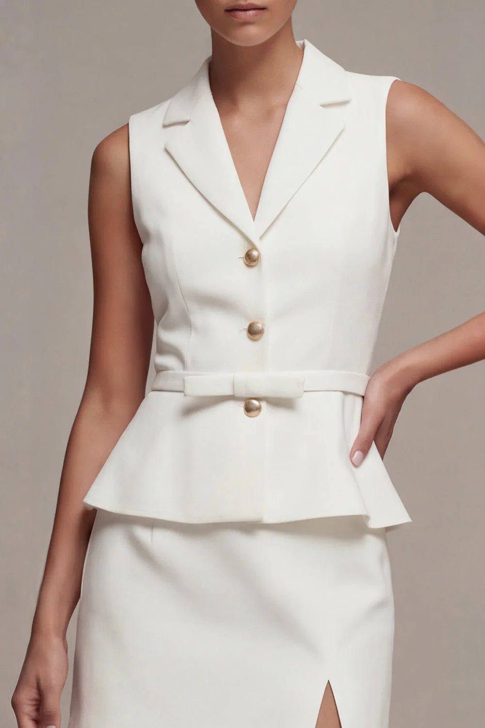 White 2 Piece Notched Lapel Single Breasted Business Dress - Image 4