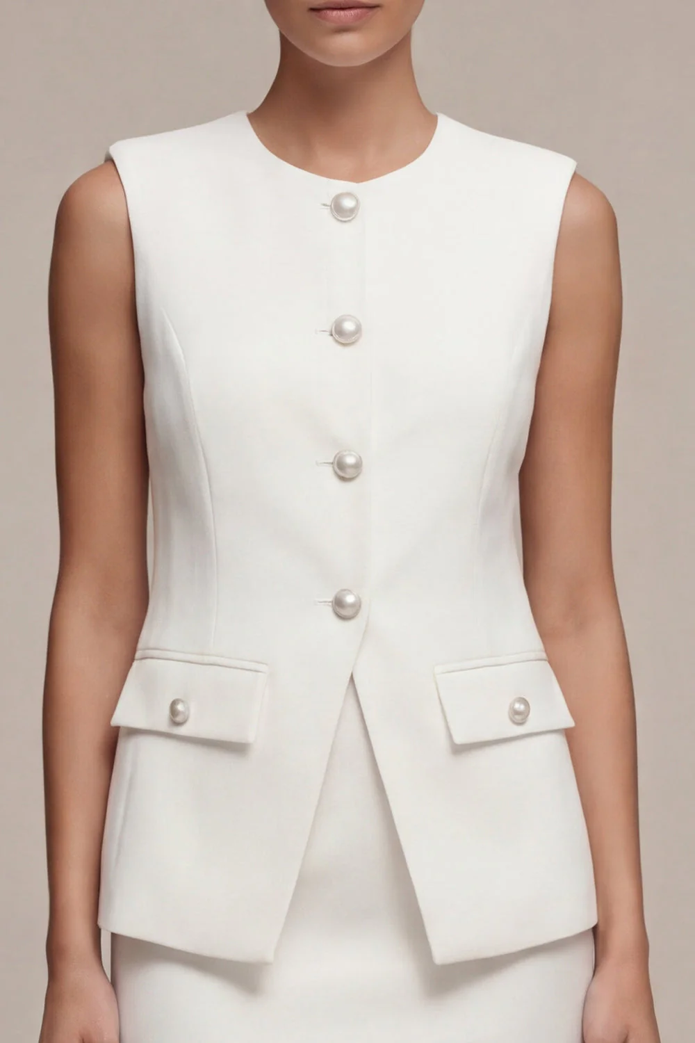 White 2 Piece Single Breasted Round Neck Short Work Dress - Image 3
