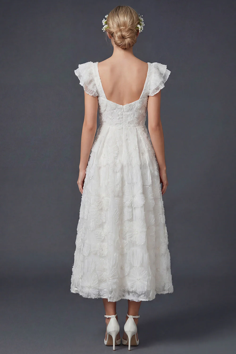 White 3D Flowers A Line Square Neck Long Wedding Dress with Flutter Sleeves - Image 2