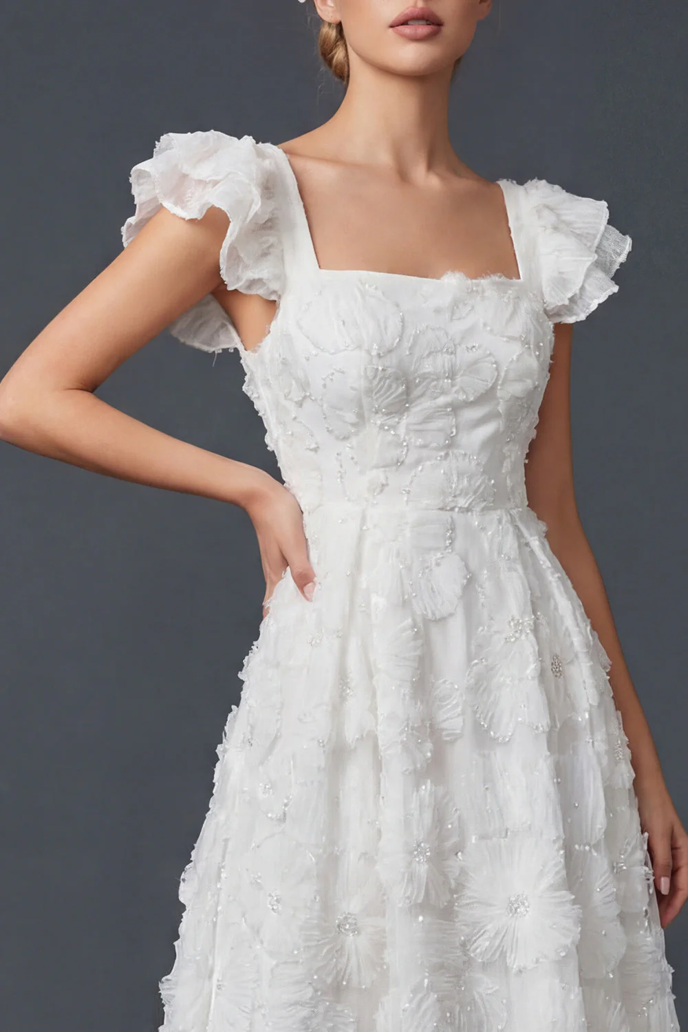 White 3D Flowers A Line Square Neck Long Wedding Dress with Flutter Sleeves - Image 3
