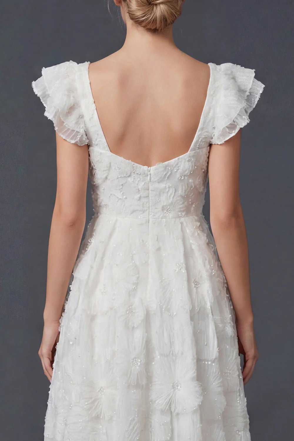 White 3D Flowers A Line Square Neck Long Wedding Dress with Flutter Sleeves - Image 4