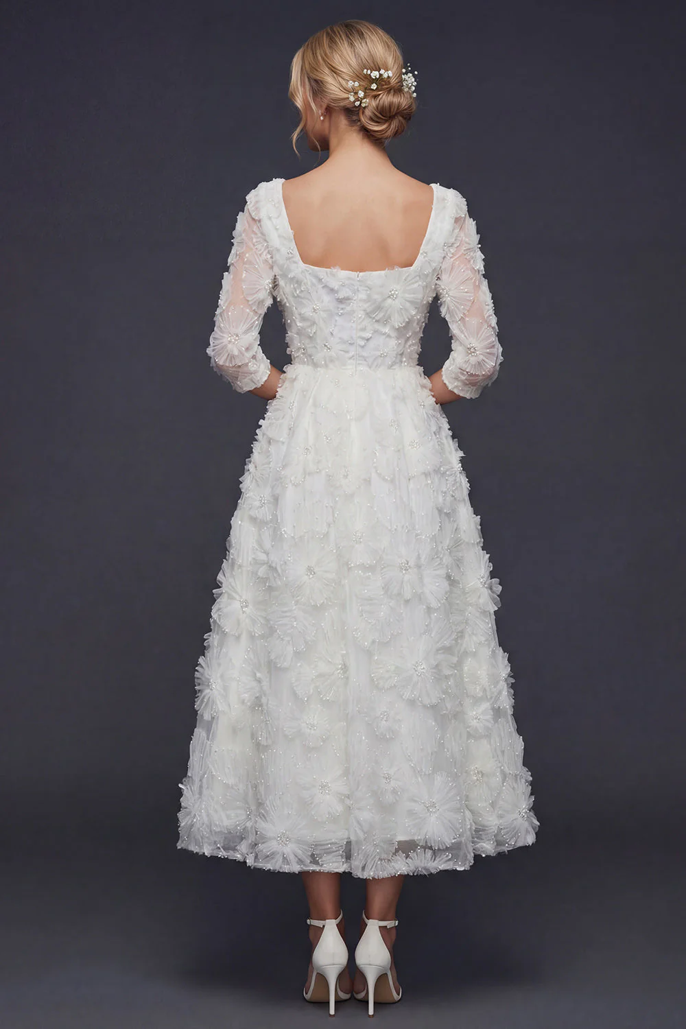 White A Line 3/4 Sleeves Long Wedding Dress with 3D Flowers - Image 2