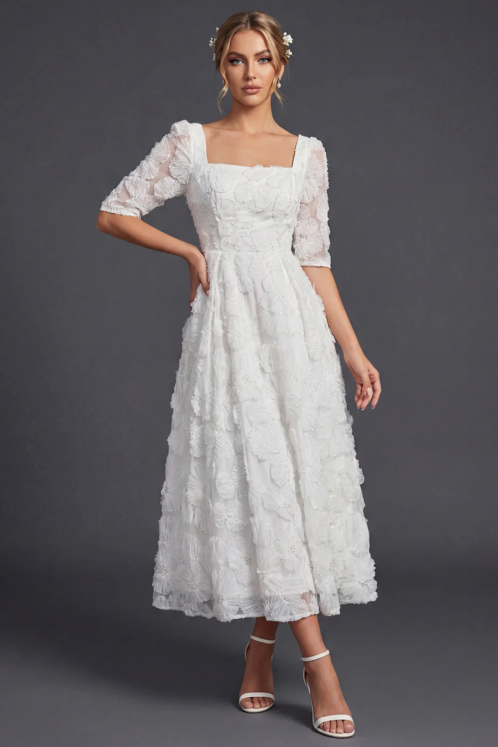 White A Line 3/4 Sleeves Long Wedding Dress with 3D Flowers - Image 3