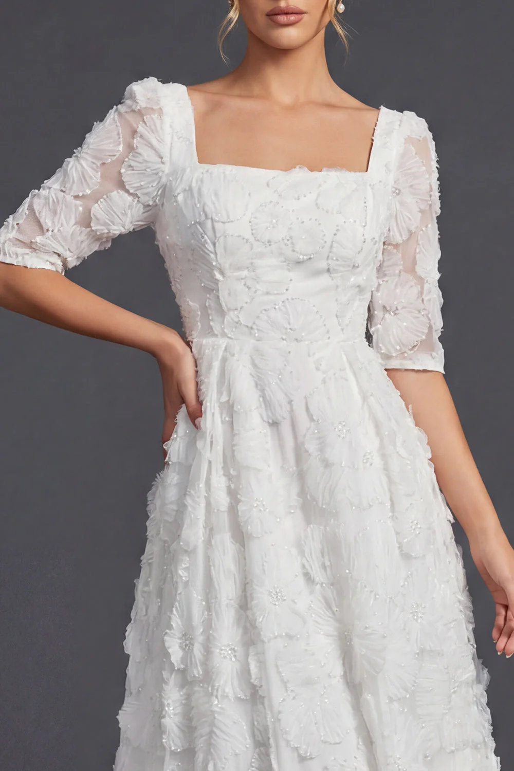 White A Line 3/4 Sleeves Long Wedding Dress with 3D Flowers - Image 4