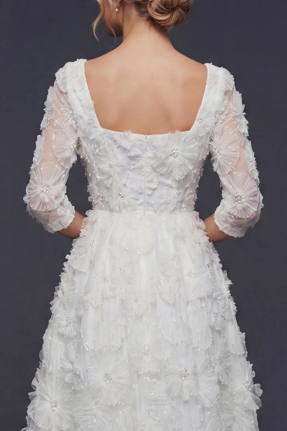 White A Line 3/4 Sleeves Long Wedding Dress with 3D Flowers - Image 5