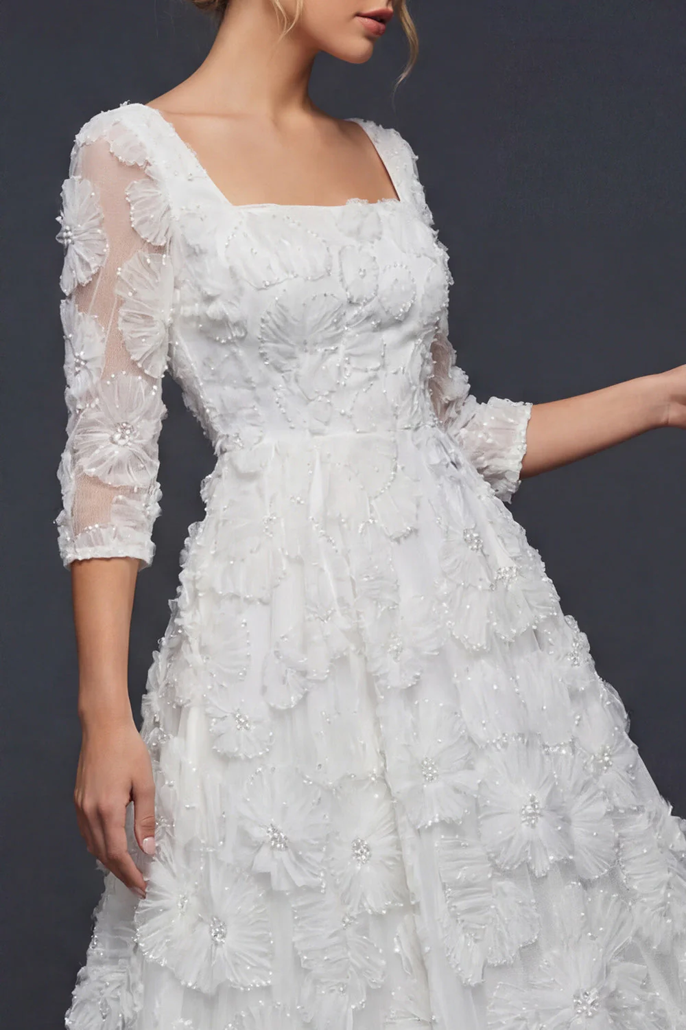 White A Line 3/4 Sleeves Long Wedding Dress with 3D Flowers - Image 6