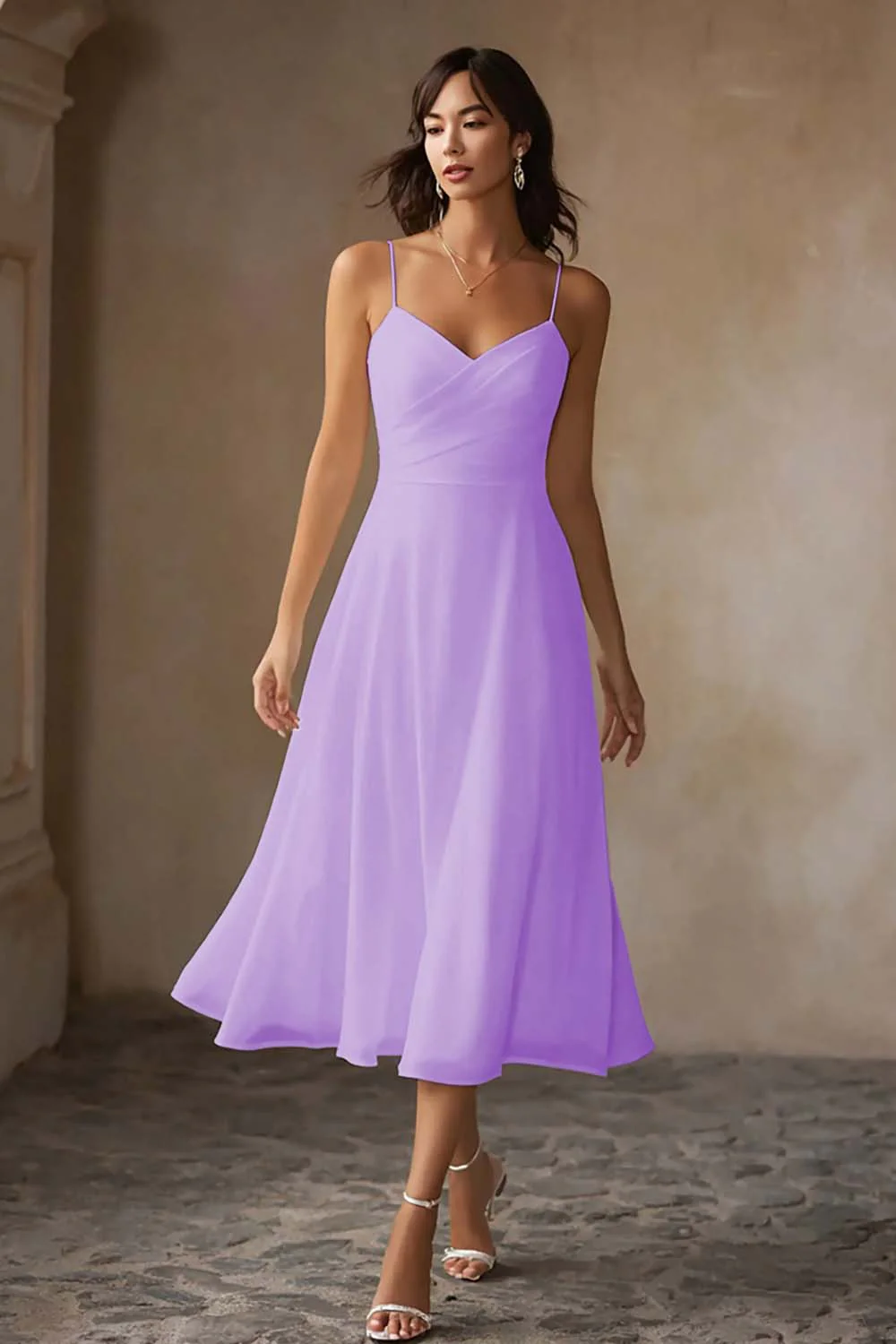 White A Line Chiffon Spaghetti Straps Midi Wedding Dress - Image 10