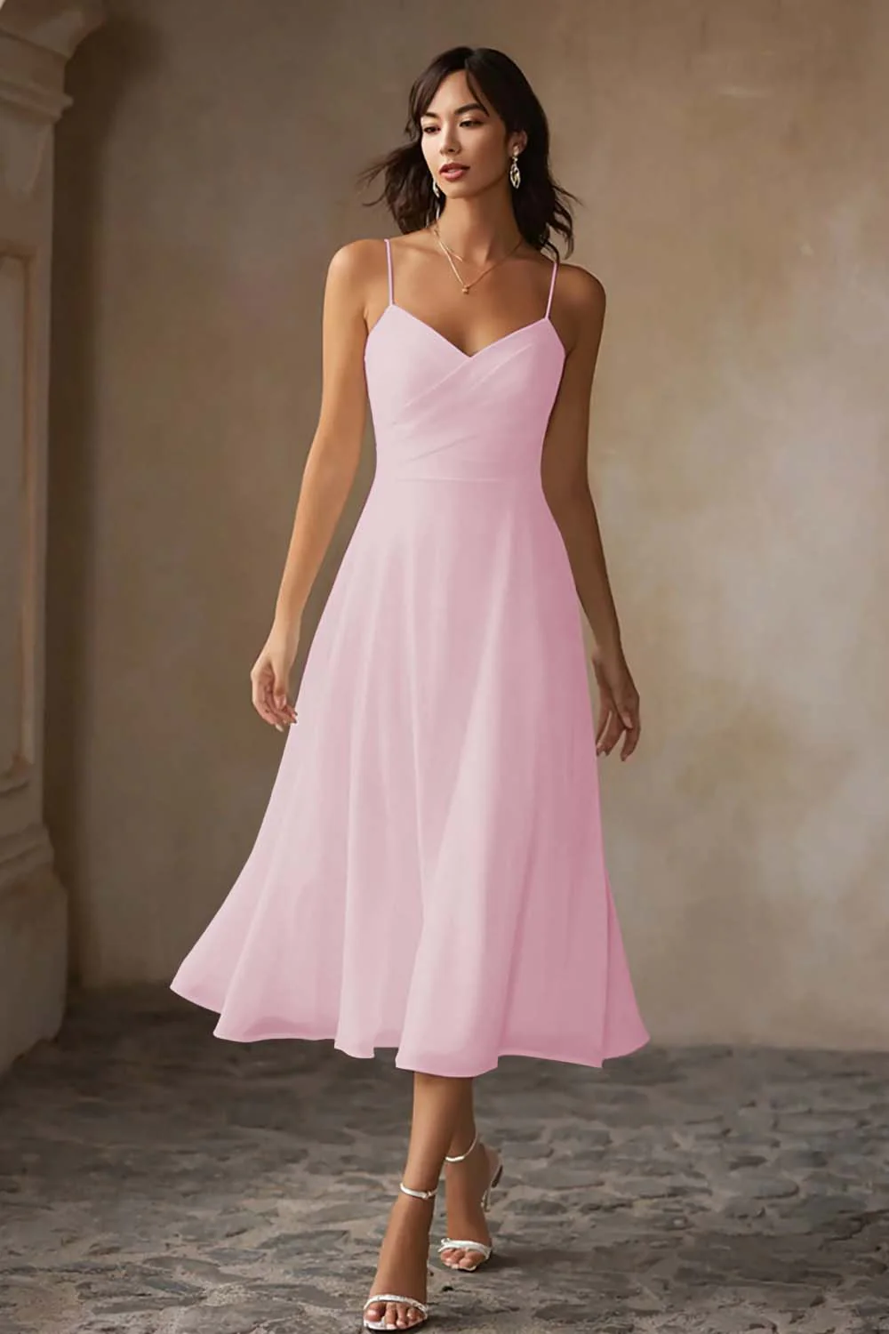 White A Line Chiffon Spaghetti Straps Midi Wedding Dress - Image 11