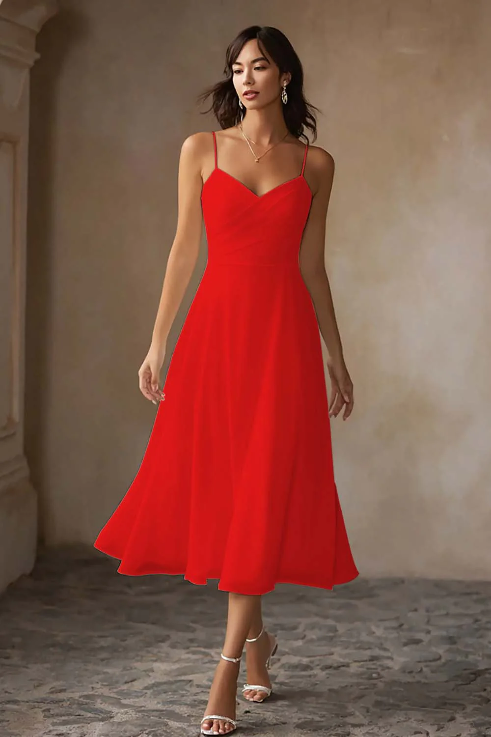 White A Line Chiffon Spaghetti Straps Midi Wedding Dress - Image 12