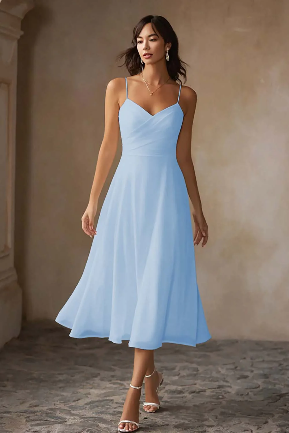 White A Line Chiffon Spaghetti Straps Midi Wedding Dress - Image 13