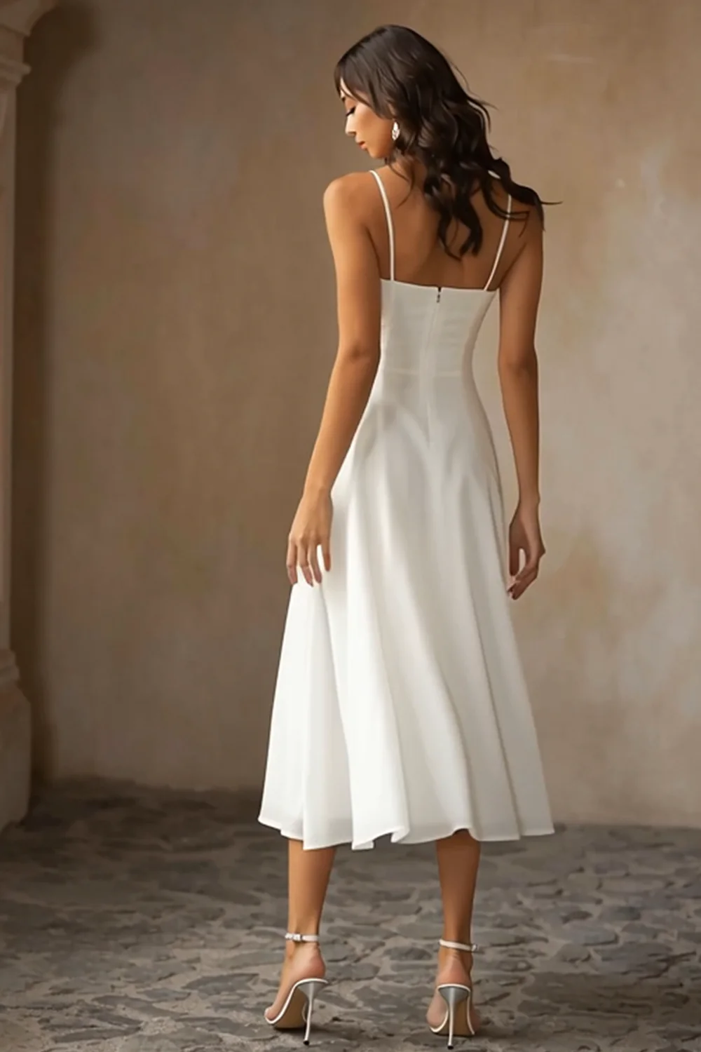 White A Line Chiffon Spaghetti Straps Midi Wedding Dress - Image 2