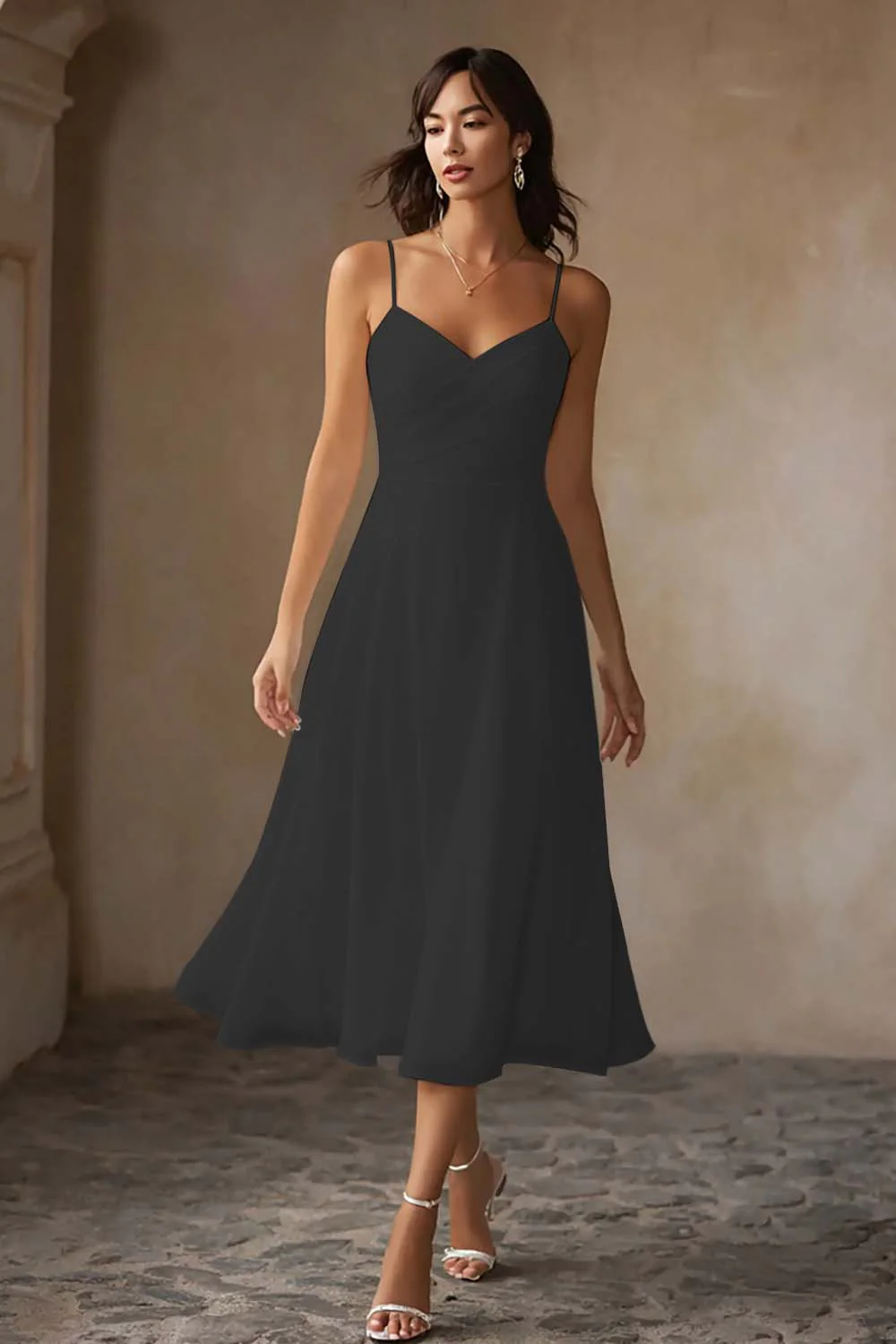 White A Line Chiffon Spaghetti Straps Midi Wedding Dress - Image 4