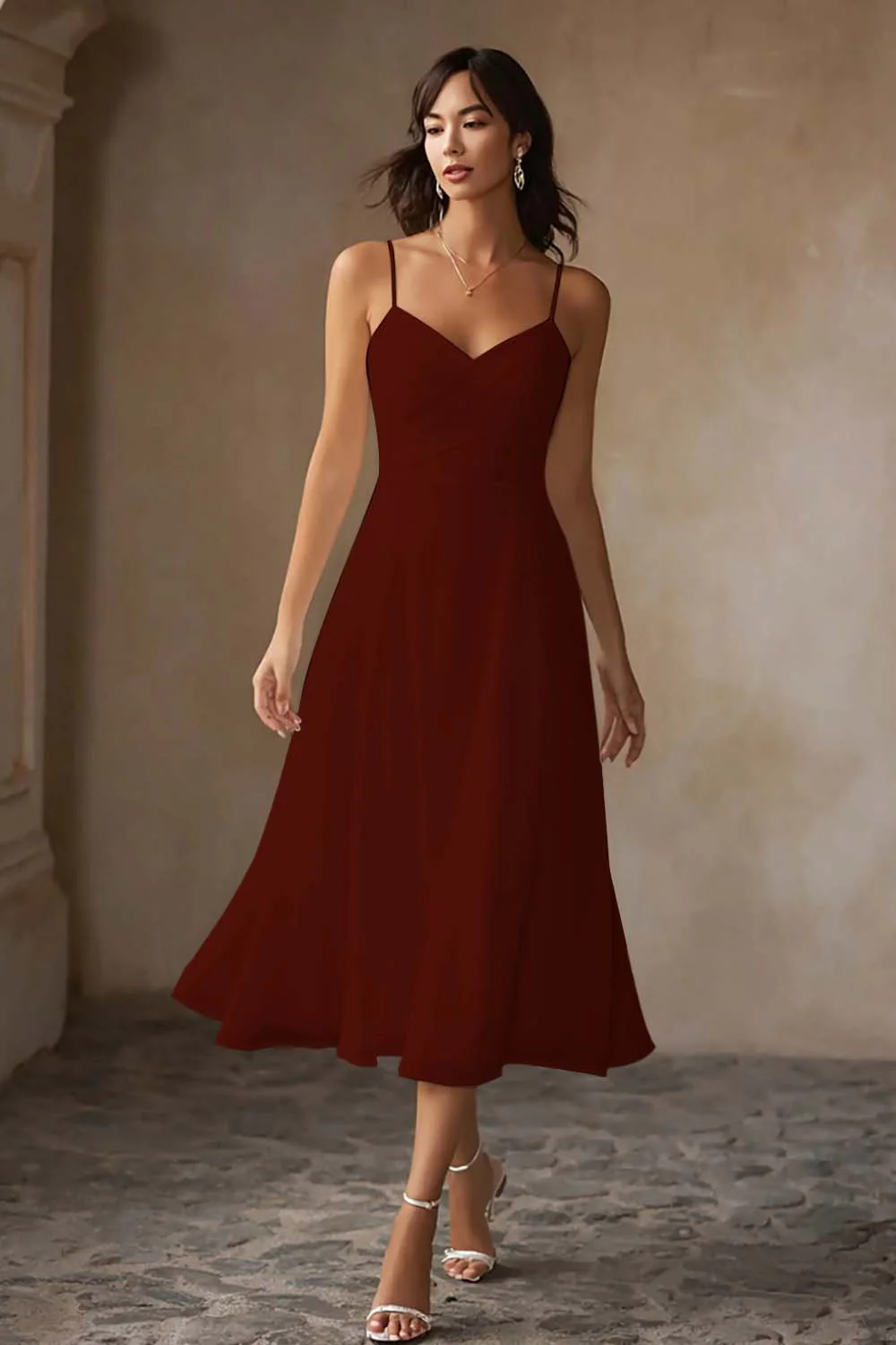 White A Line Chiffon Spaghetti Straps Midi Wedding Dress - Image 5