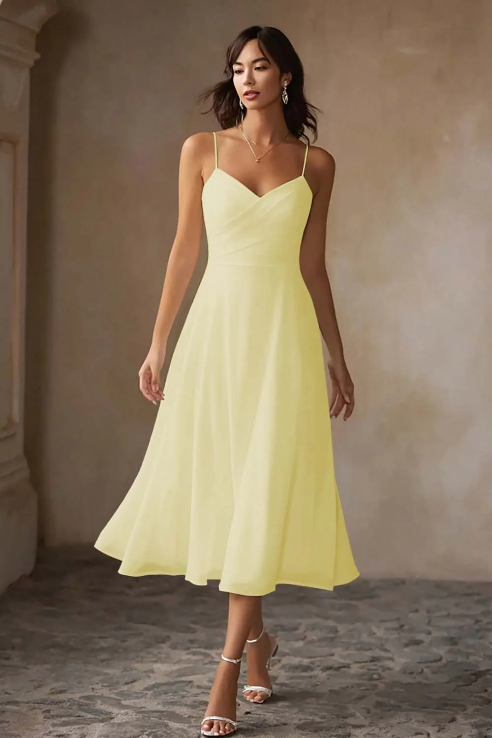 White A Line Chiffon Spaghetti Straps Midi Wedding Dress - Image 6