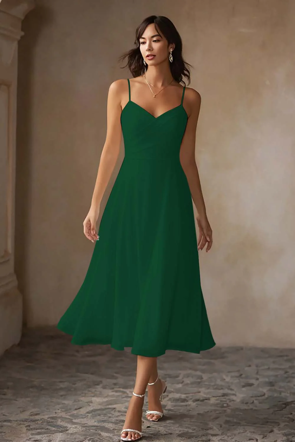 White A Line Chiffon Spaghetti Straps Midi Wedding Dress - Image 7