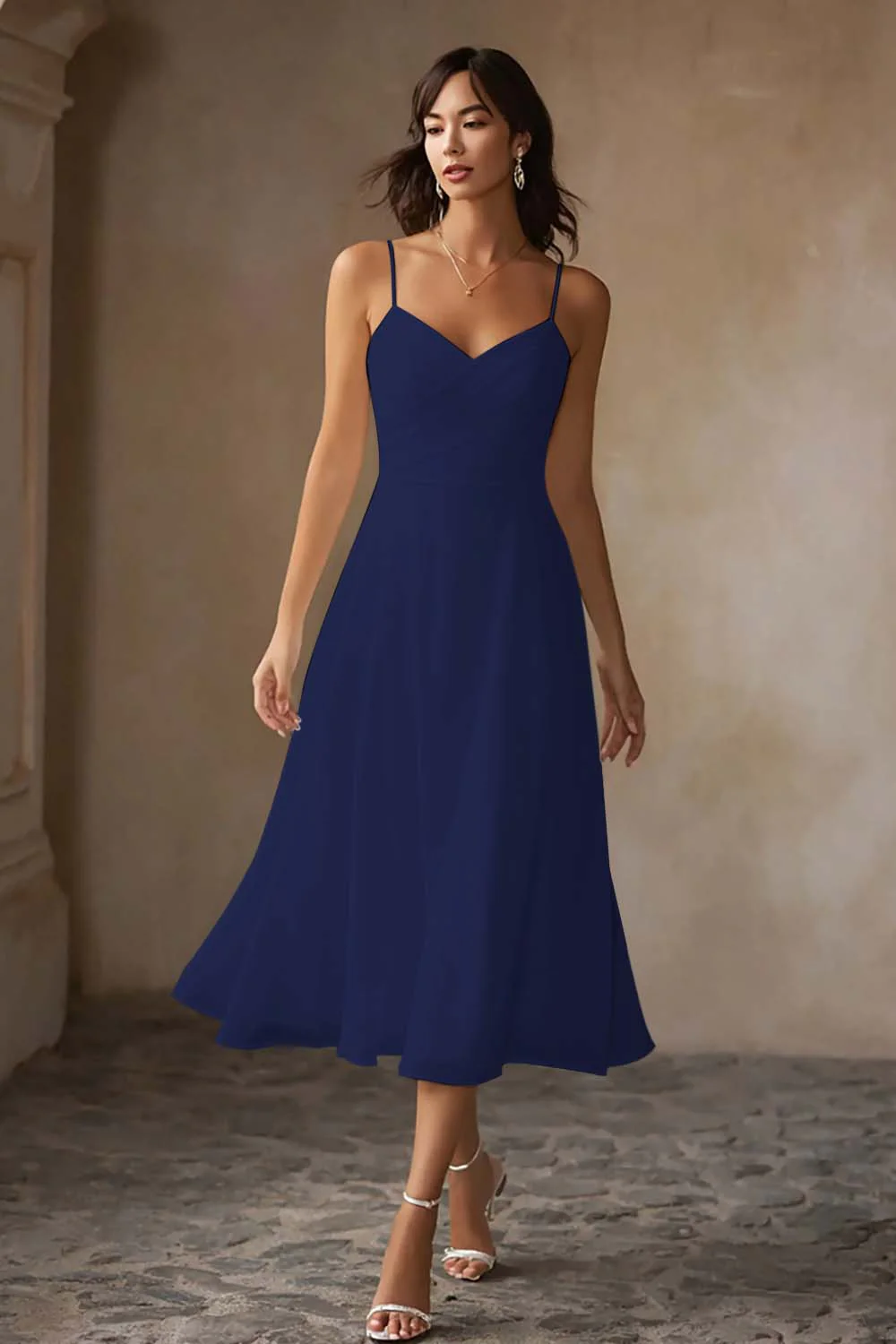 White A Line Chiffon Spaghetti Straps Midi Wedding Dress - Image 8