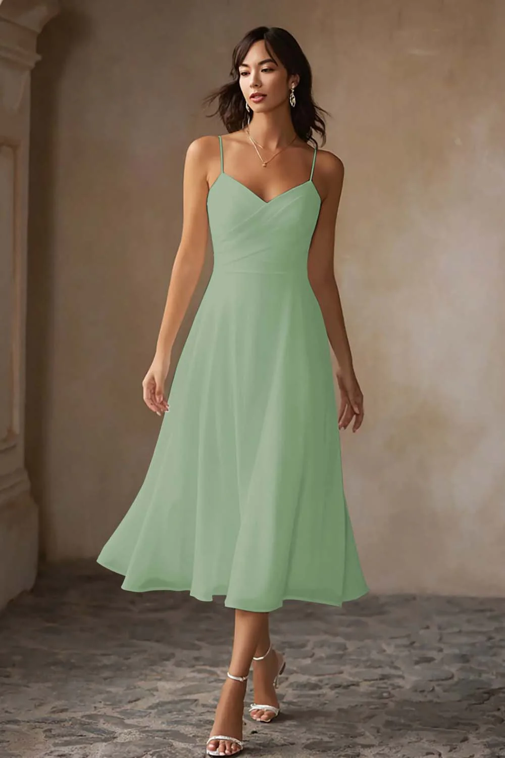 White A Line Chiffon Spaghetti Straps Midi Wedding Dress - Image 9