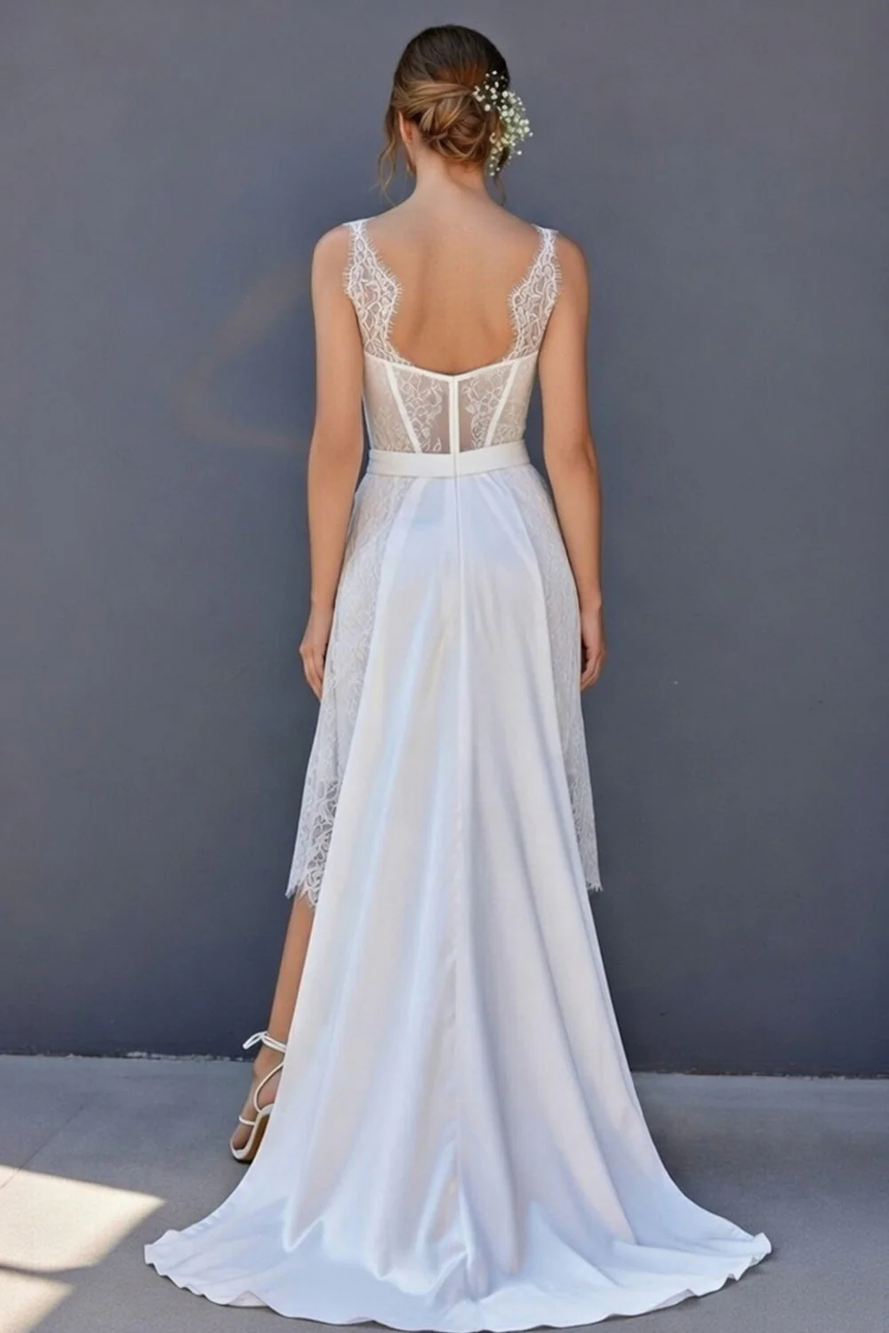 White A Line Corset Lace Midi Wedding Dress with Cape - Image 2