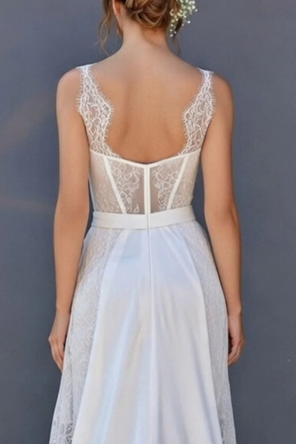 White A Line Corset Lace Midi Wedding Dress with Cape - Image 3