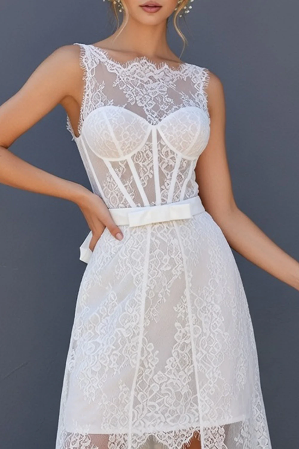 White A Line Corset Lace Midi Wedding Dress with Cape - Image 4