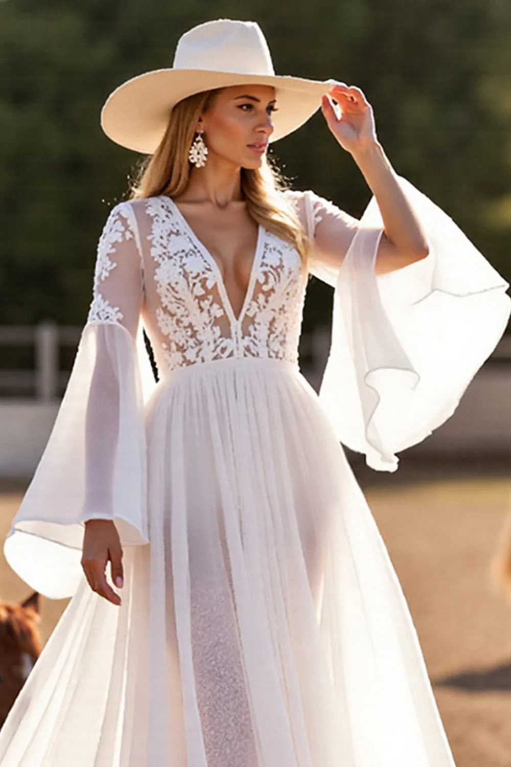 White A Line Flutter Sleeves Wedding Dress with Lace - Image 2