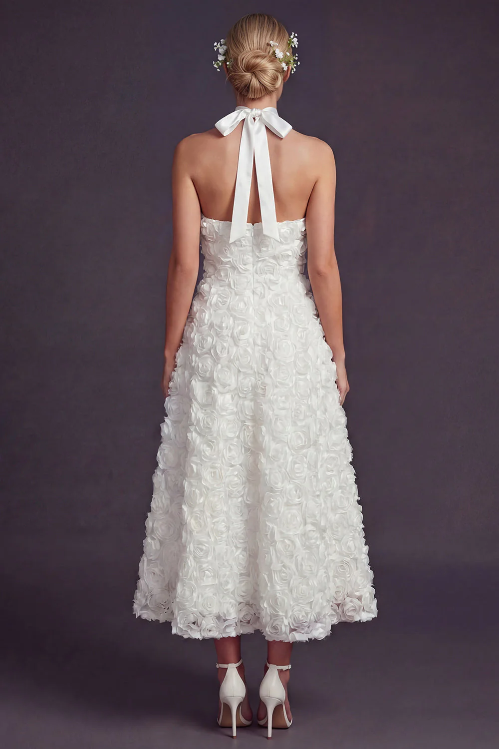 White A Line Halter 3D Flowers Long Wedding Dress - Image 2