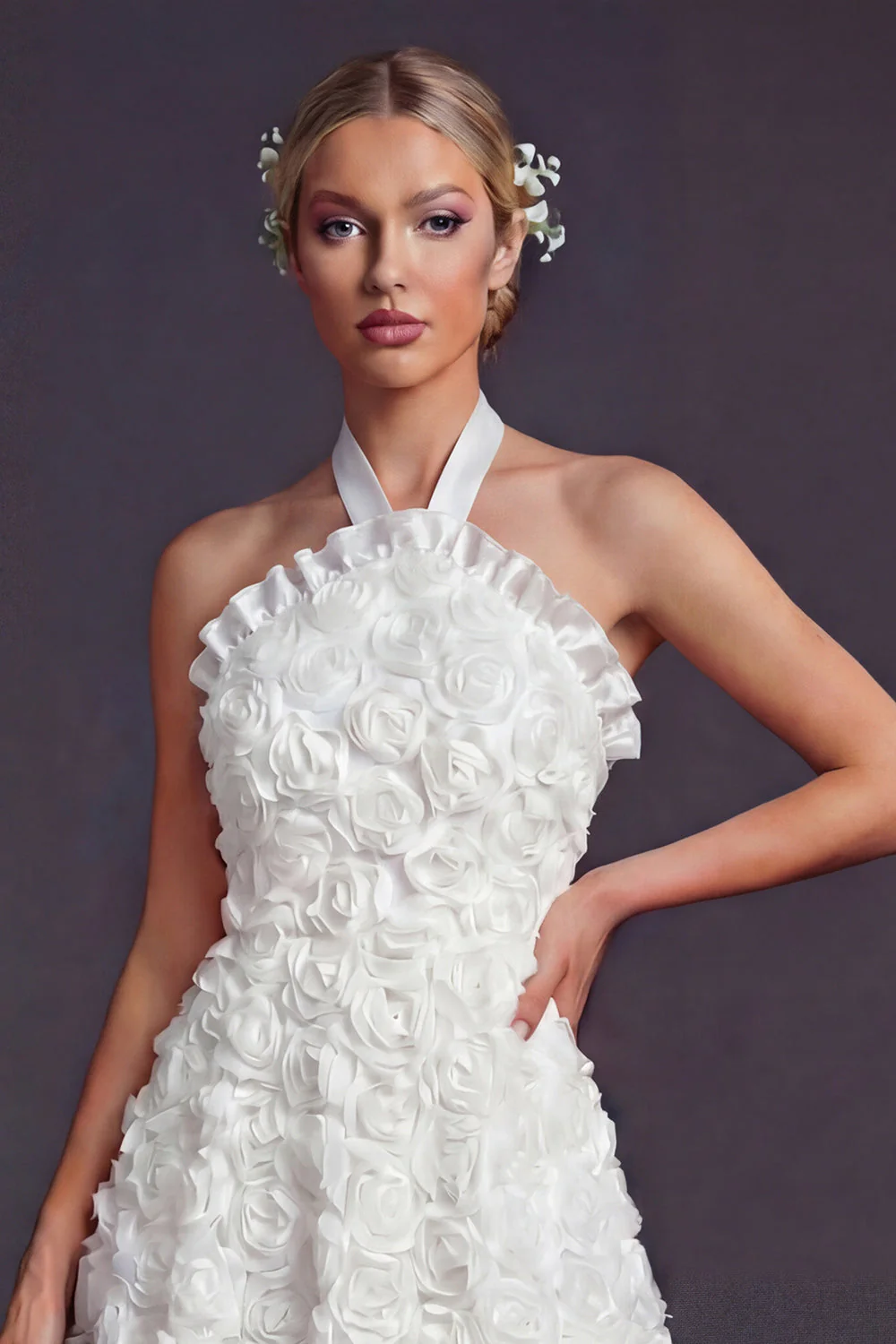White A Line Halter 3D Flowers Long Wedding Dress - Image 3