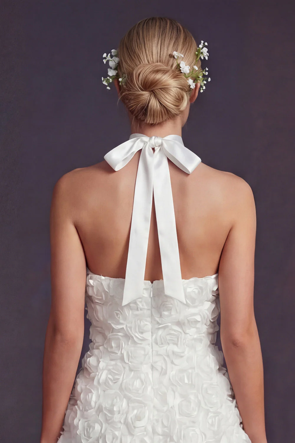 White A Line Halter 3D Flowers Long Wedding Dress - Image 4