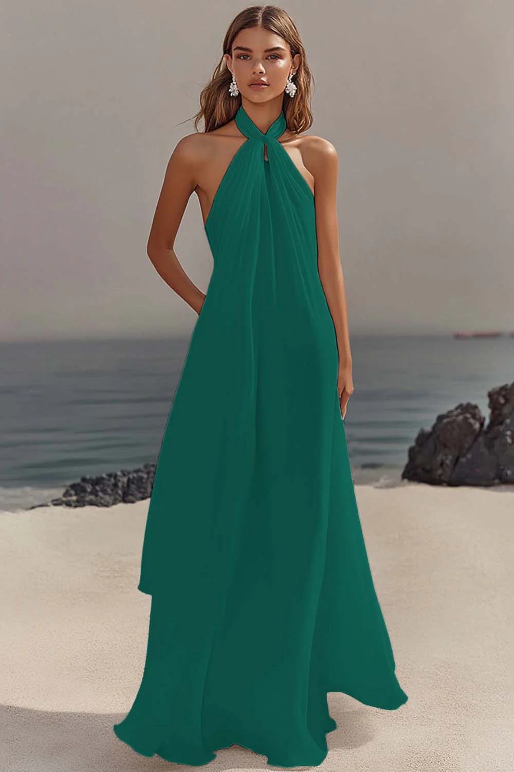 White Sheath Halter Chiffon Long Graduation Dress - Image 5