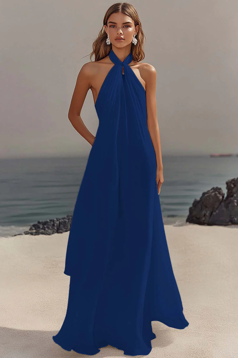 White Sheath Halter Chiffon Long Graduation Dress - Image 6