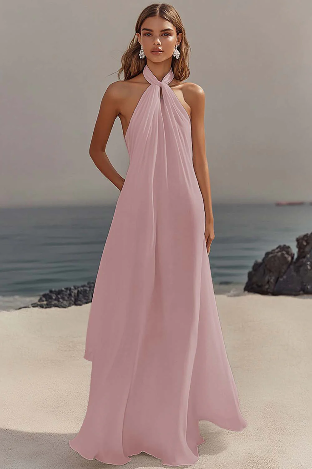 White Sheath Halter Chiffon Long Graduation Dress - Image 7