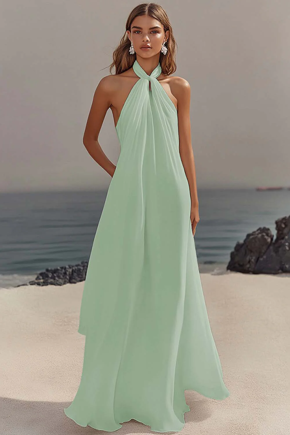 White Sheath Halter Chiffon Long Graduation Dress - Image 8