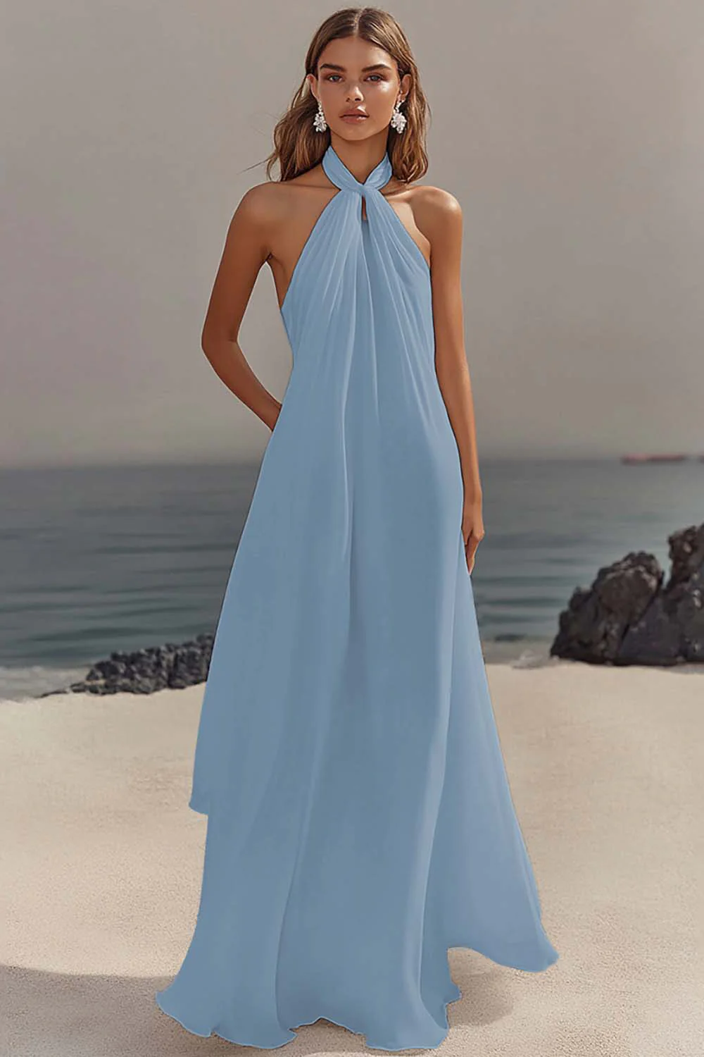 White Sheath Halter Chiffon Long Graduation Dress - Image 9