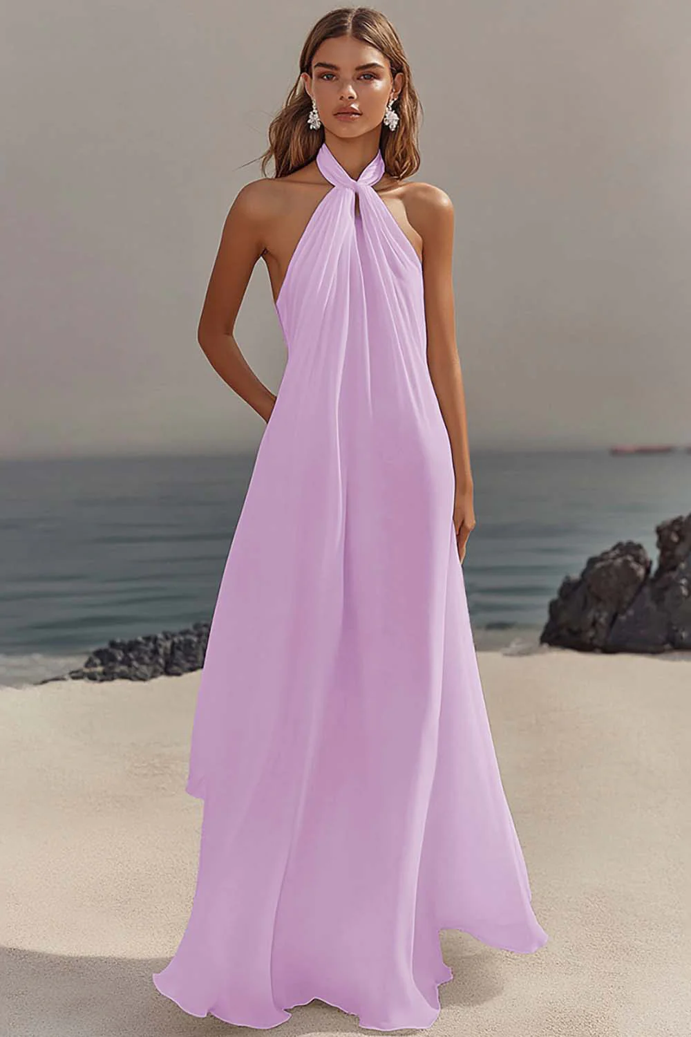 White Sheath Halter Chiffon Long Graduation Dress - Image 10