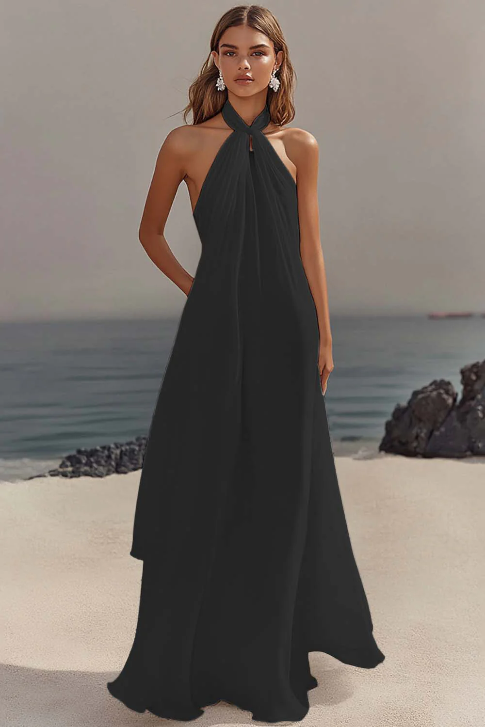 White Sheath Halter Chiffon Long Graduation Dress - Image 4