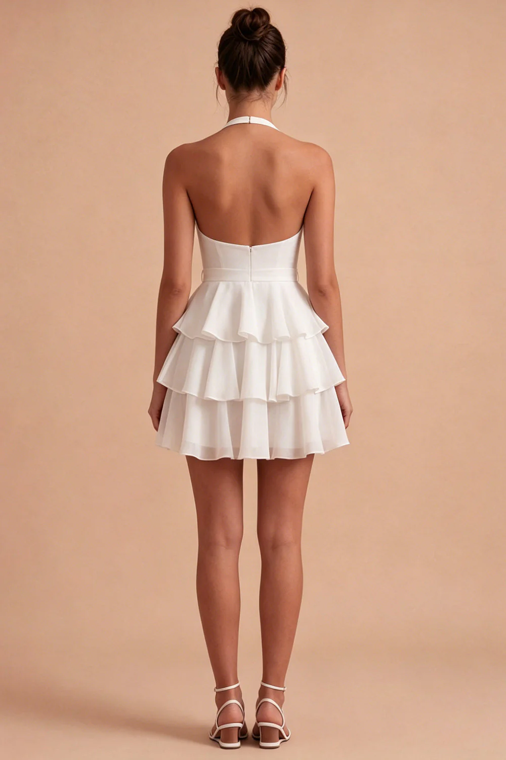 White A Line Halter Tiered Ruffle Graduation Dress with Bow - Image 2