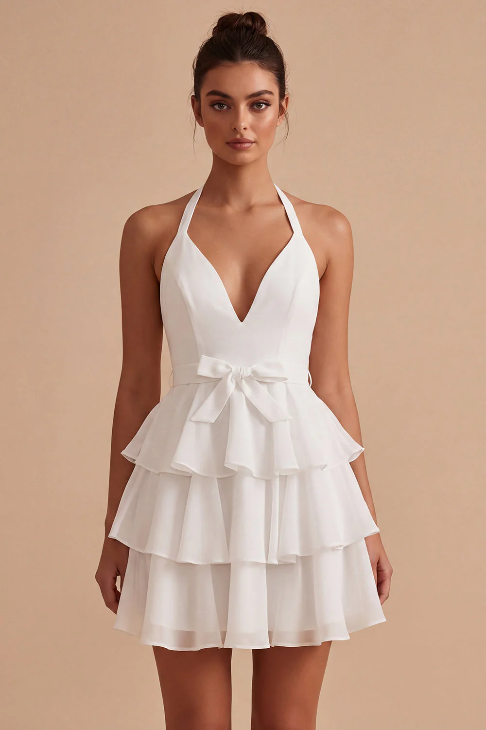 White A Line Halter Tiered Ruffle Graduation Dress with Bow - Image 3