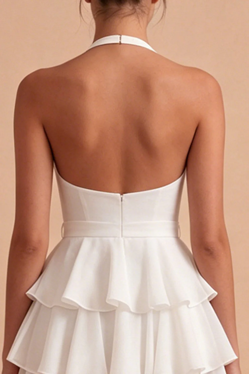 White A Line Halter Tiered Ruffle Graduation Dress with Bow - Image 5