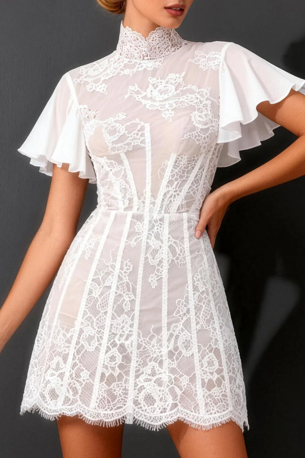 White A Line High Neck Short Wedding Dress with Flutter Sleeves - Image 3