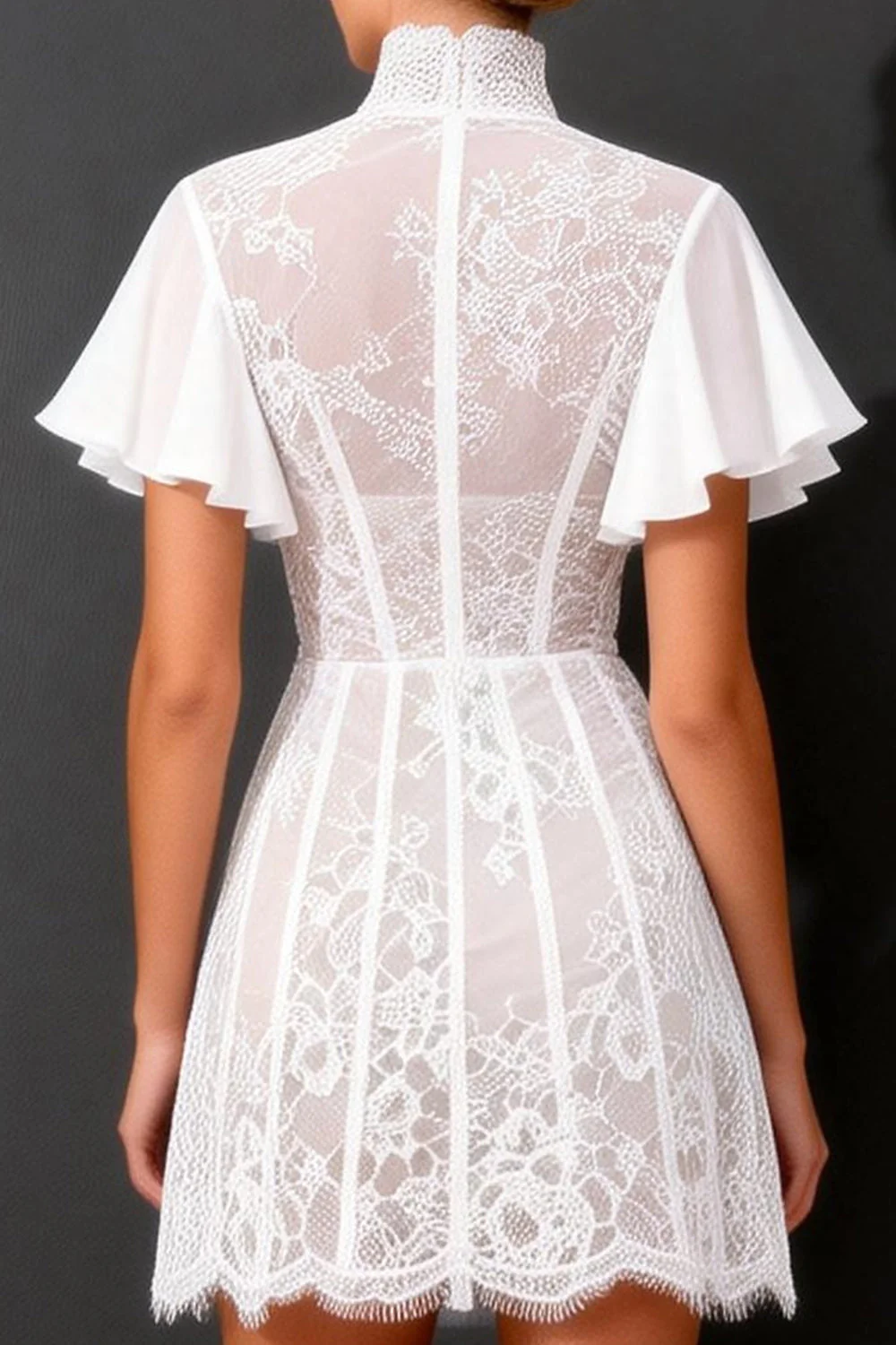 White A Line High Neck Short Wedding Dress with Flutter Sleeves - Image 4