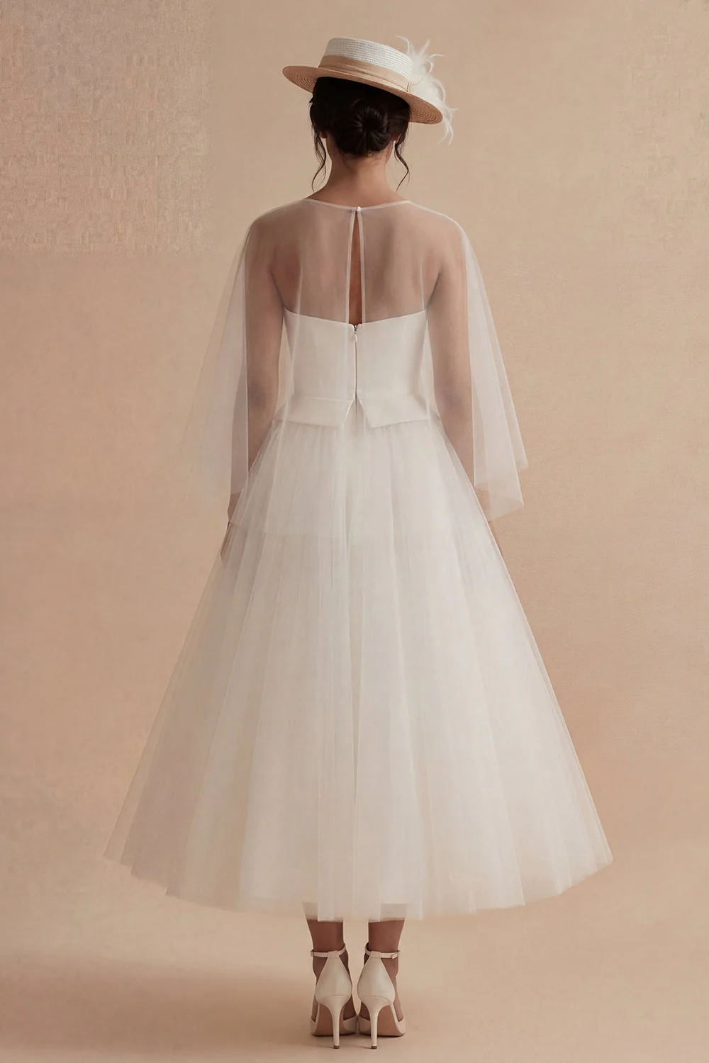 White Tulle A Line Illusion Neck Long Bridal Dress - Image 2