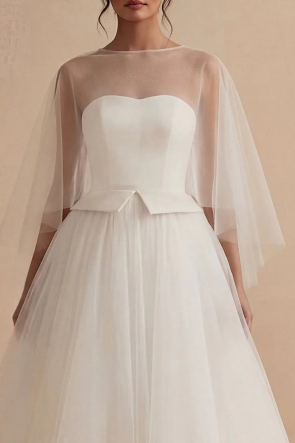 White Tulle A Line Illusion Neck Long Bridal Dress - Image 3