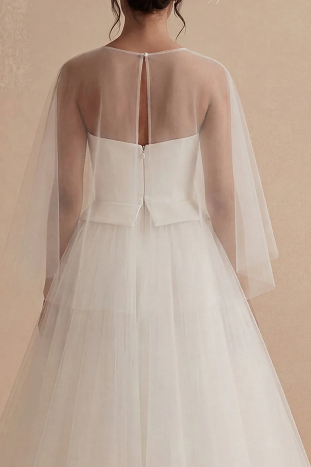 White Tulle A Line Illusion Neck Long Bridal Dress - Image 4