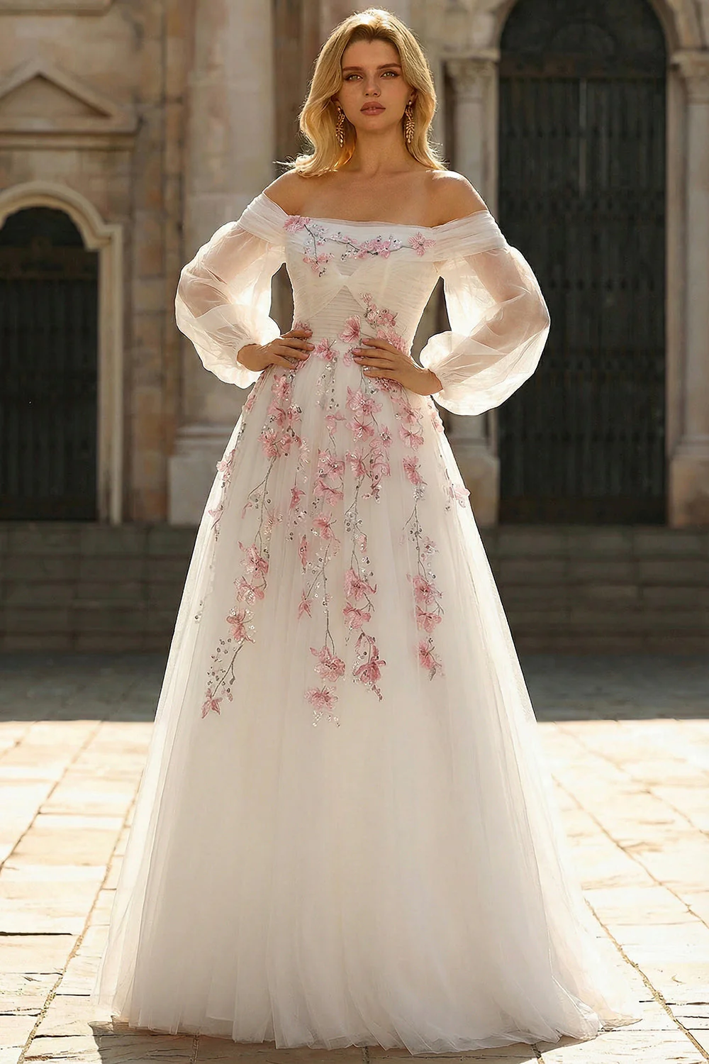 White A-Line Off The Shoulder Embroidered Tulle Long Prom Dress with Sequins - Image 3