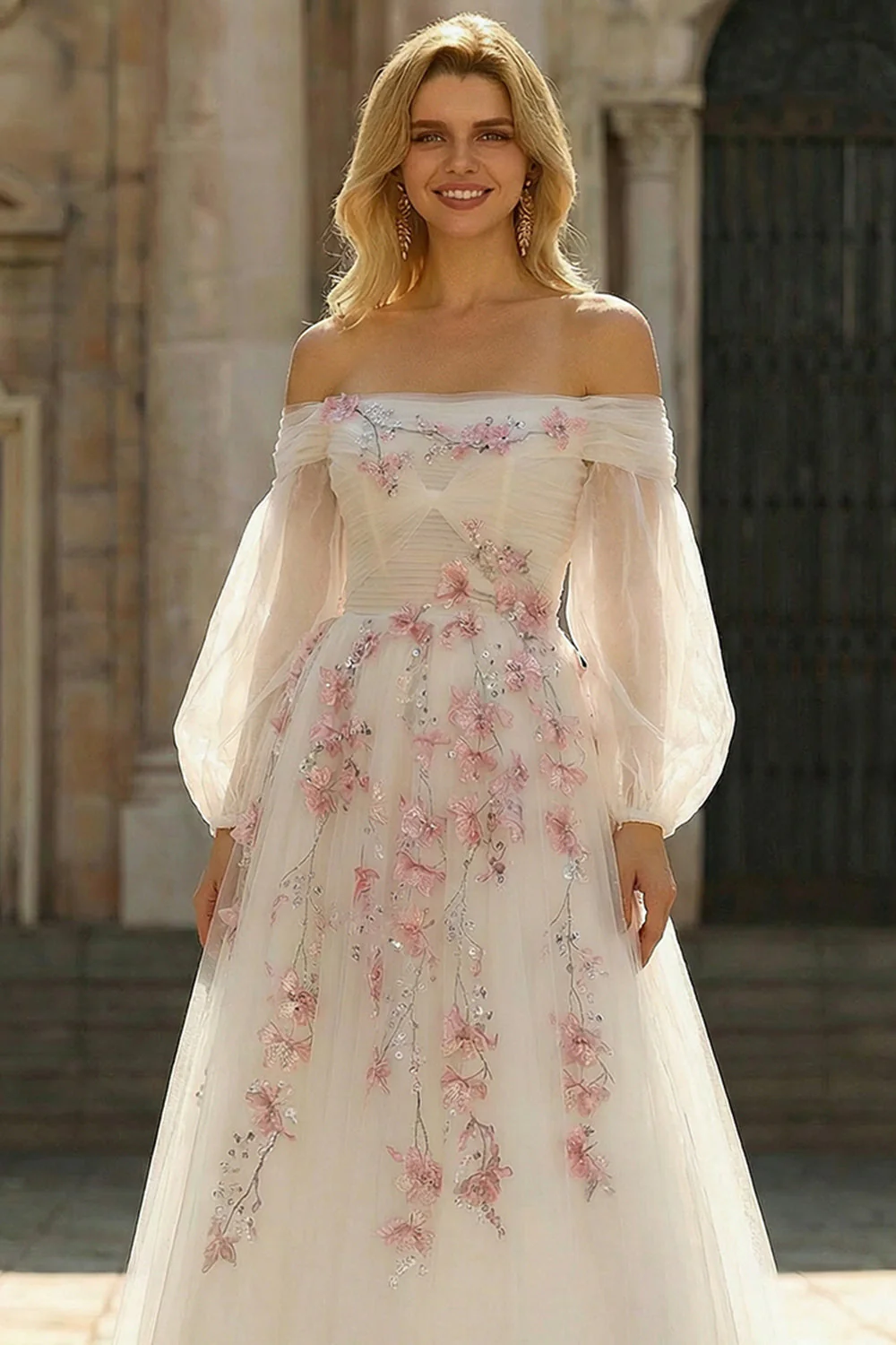 White A-Line Off The Shoulder Embroidered Tulle Long Prom Dress with Sequins - Image 4