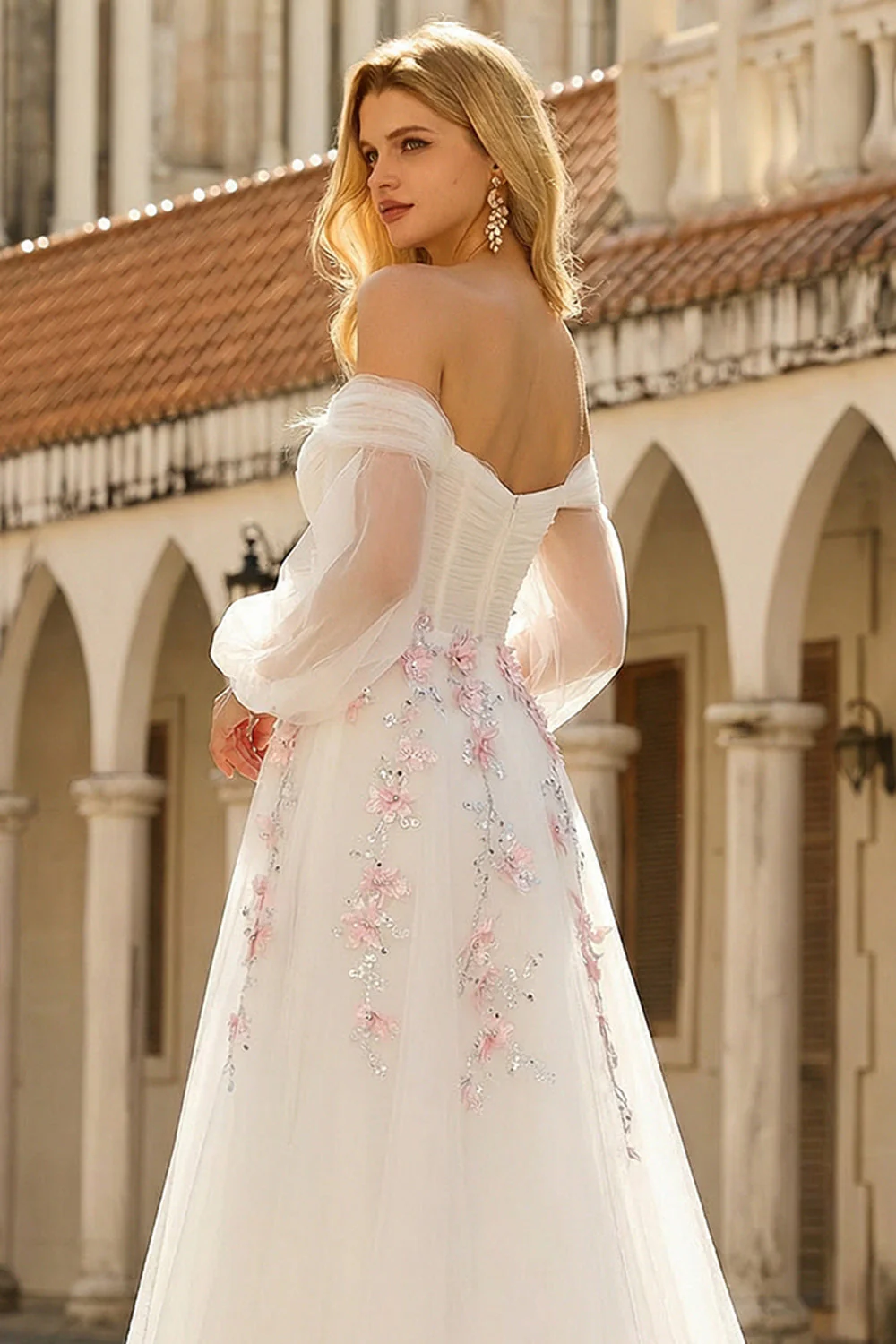 White A-Line Off The Shoulder Embroidered Tulle Long Prom Dress with Sequins - Image 6